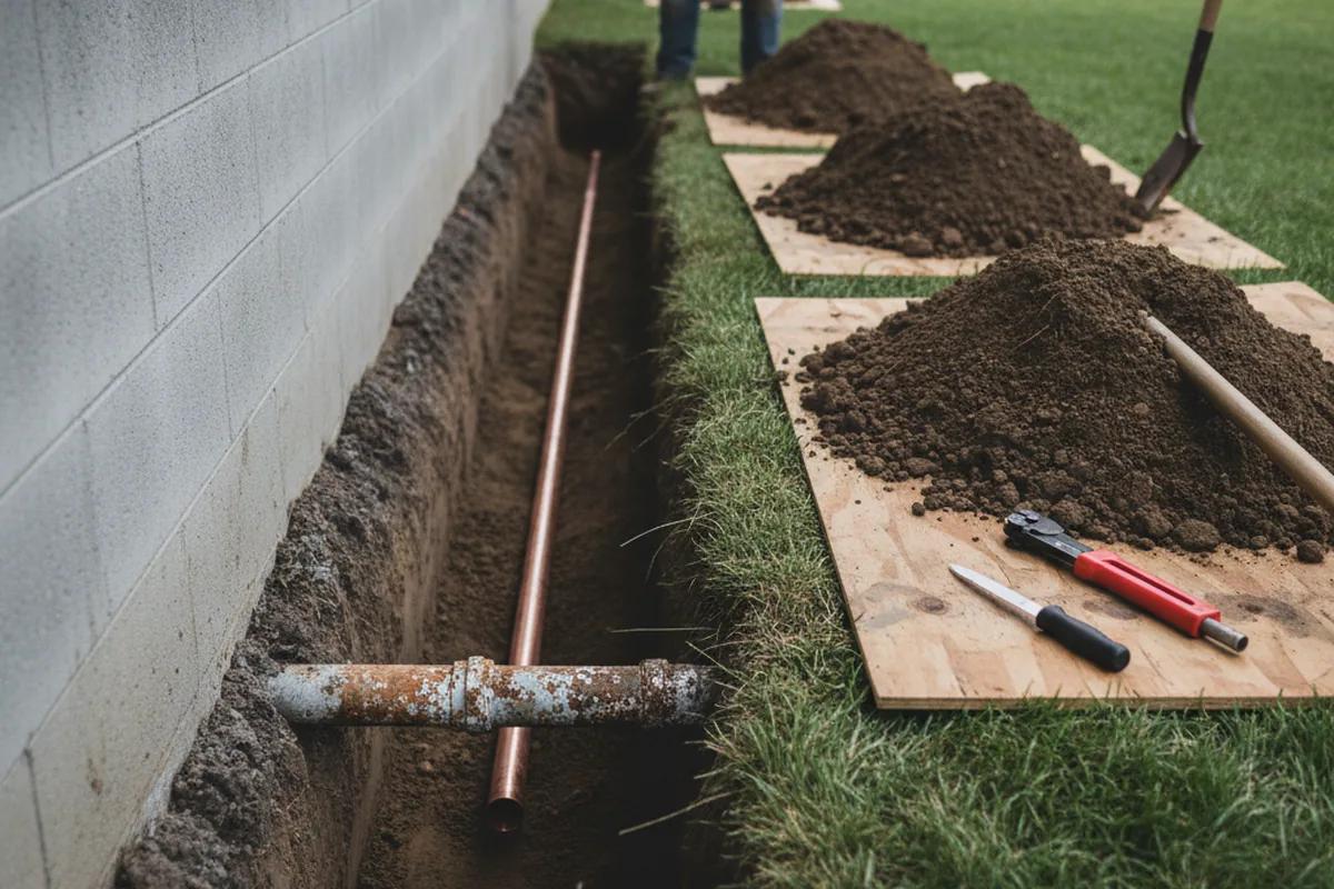 Excavated water line trench during Water Softener Installation in Crows Landing